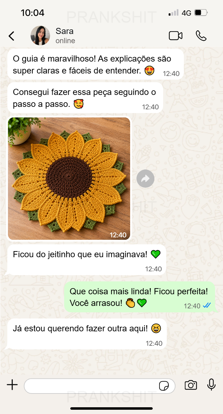 Conversa de WhatsApp da cliente Sara mostrando a peça de girassol